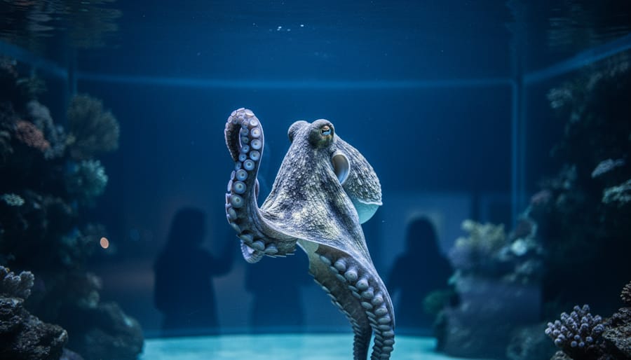 Octopus pressing a tentacle to aquarium glass with visitor silhouettes reflected and artificial coral in the tank, photographed straight-on in dim blue light.