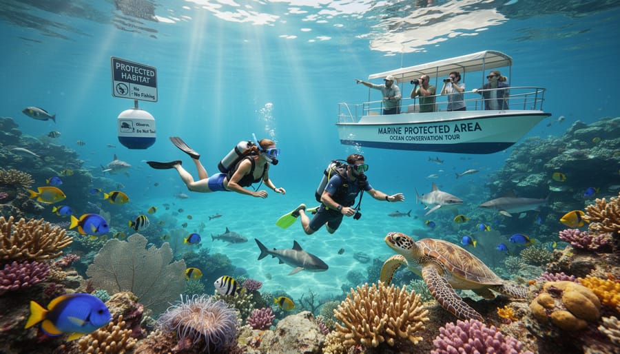 Family snorkeling with sea turtles in protected marine reserve