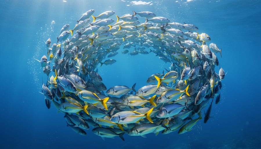 Large school of silvery fish swimming in synchronized formation underwater