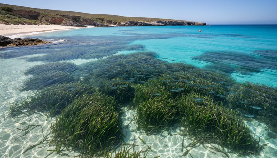Aerial view of healthy coastal bay with clear water and visible seagrass beds