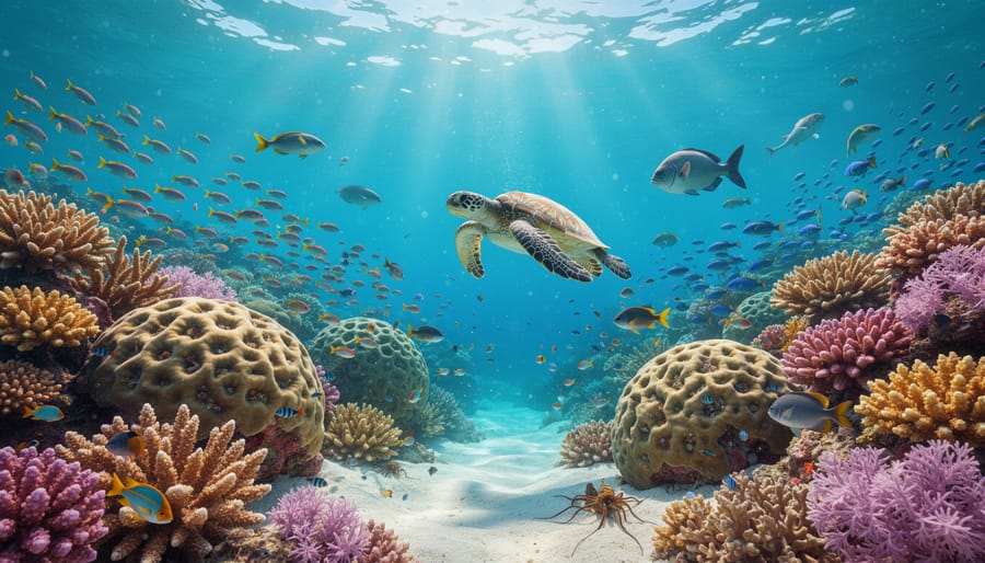 Vibrant coral reef with diverse tropical fish and healthy coral formations underwater