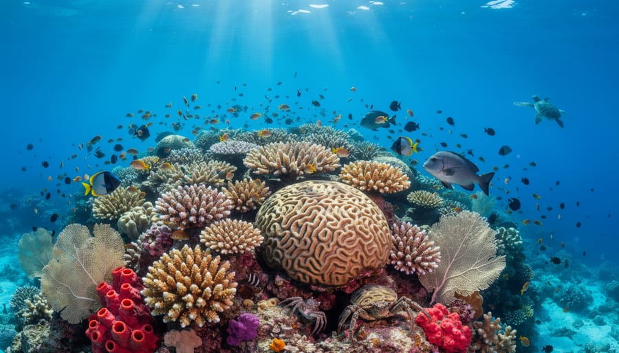 Colorful coral reef with tropical fish and diverse marine life in clear blue water