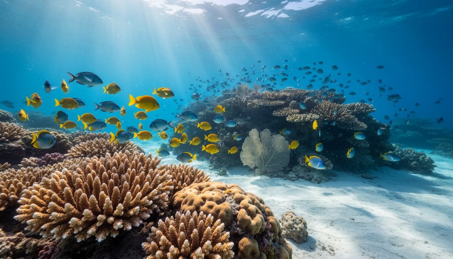 Vibrant coral reef with colorful fish in protected marine conservation area