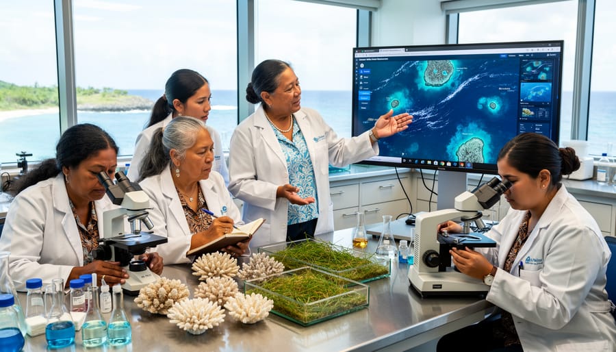 Indigenous elder woman sharing traditional marine knowledge with young female researcher at shoreline