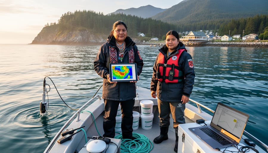 Indigenous community members conducting marine monitoring from traditional canoe