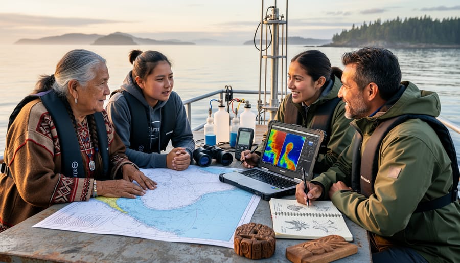 Indigenous elder and marine researcher collaborating while examining kelp on coastal rocks