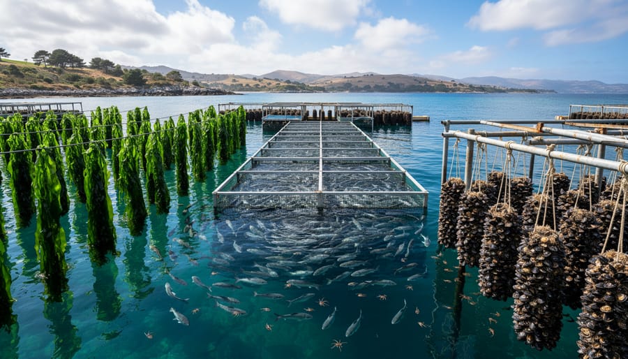 Integrated aquaculture system with mussel ropes, kelp lines, and fish cages working together