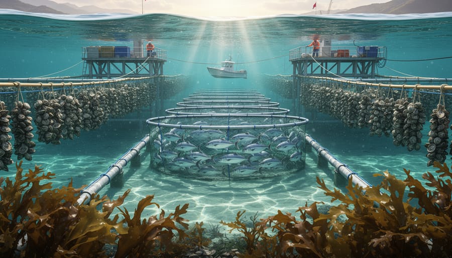 Aerial view of integrated aquaculture system with fish pens, kelp lines, and mussel ropes in ocean