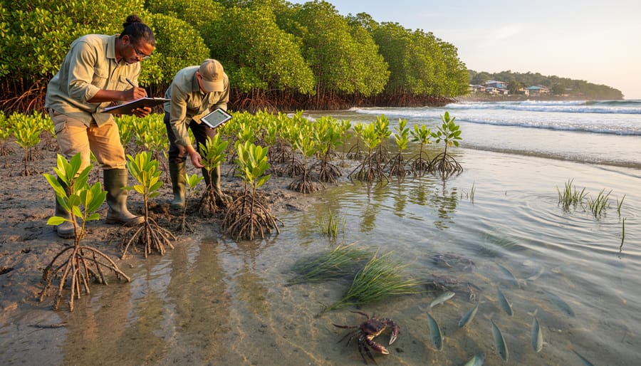 Aerial view of healthy mangrove forest ecosystem along tropical coastline