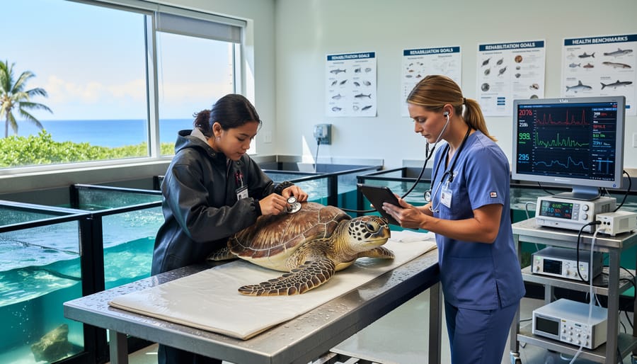 Marine veterinarian examining sea turtle in rehabilitation facility pool