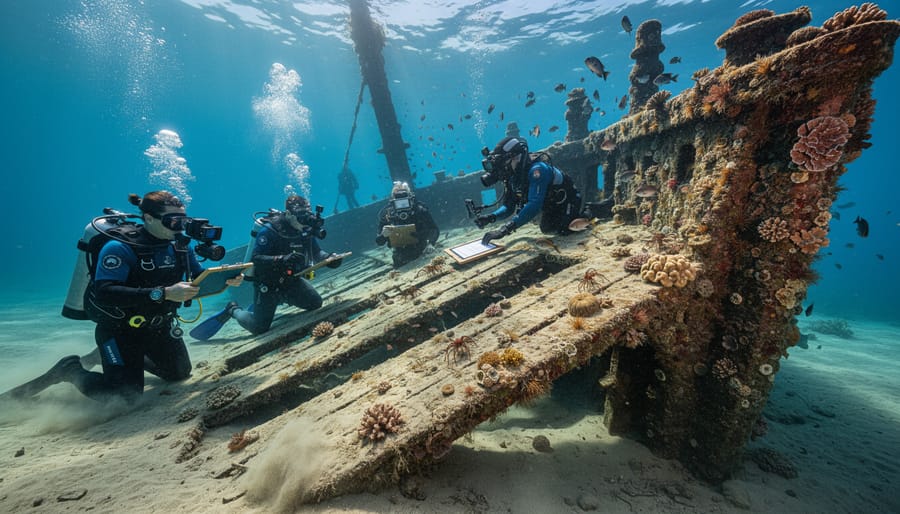 Marine archaeologist documenting shipwreck remains underwater while marine life moves through the site