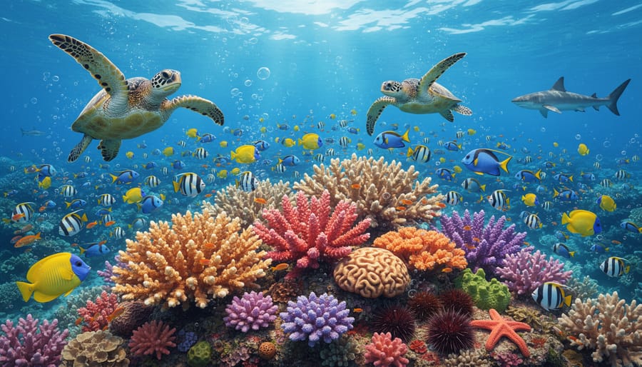Vibrant coral reef ecosystem with diverse marine life and healthy coral formations