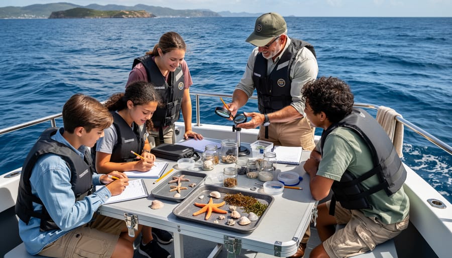 Young girl with marine biologist mentor conducting field research in shallow coastal waters