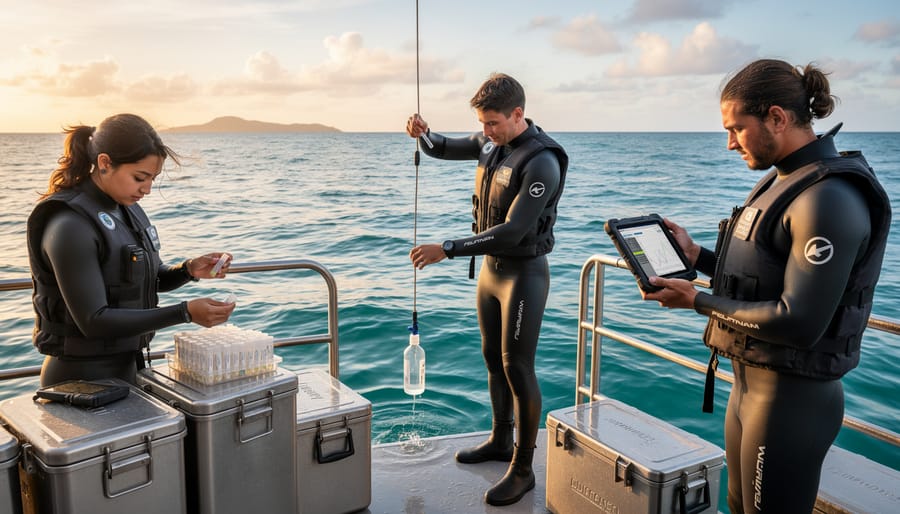 Marine biologist collecting seawater samples on research vessel deck