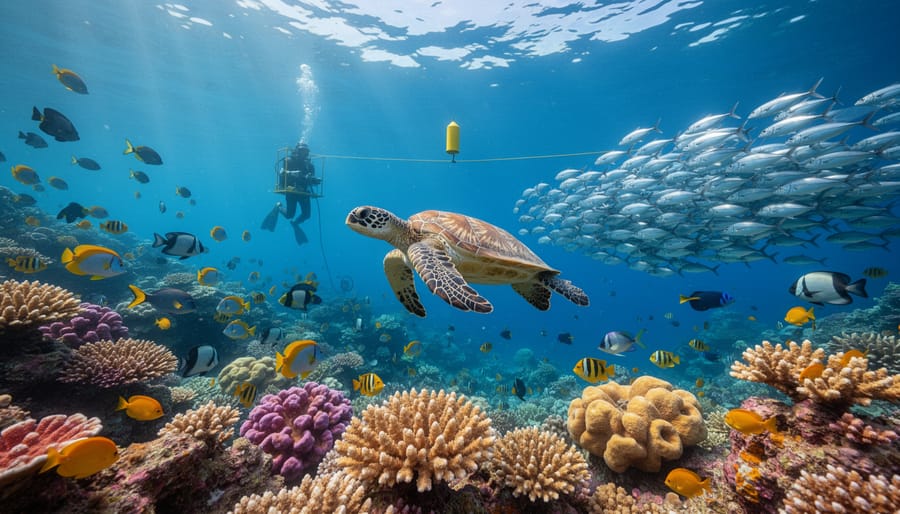 Sea turtle swimming above colorful coral reef with sunlight streaming through ocean water