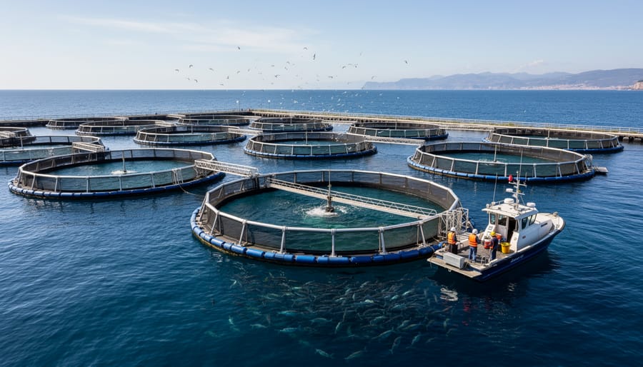 Aerial view of marine fish farm with rectangular net pens in coastal waters
