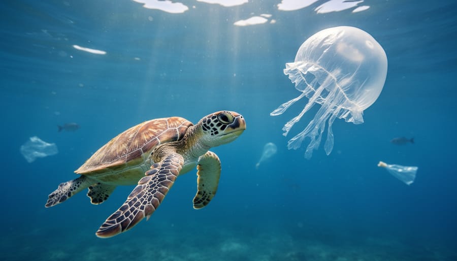 Sea turtle swimming among plastic pollution in ocean waters
