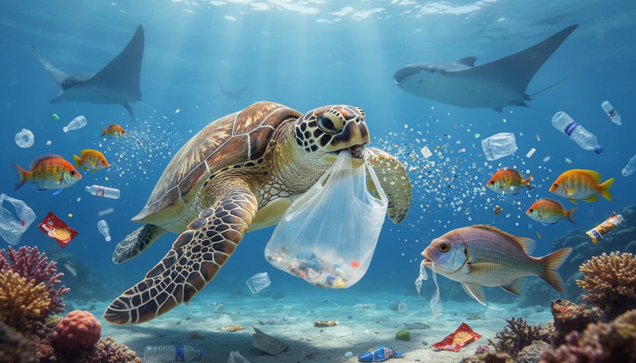 Jellyfish entangled with plastic debris floating in ocean water with microplastics