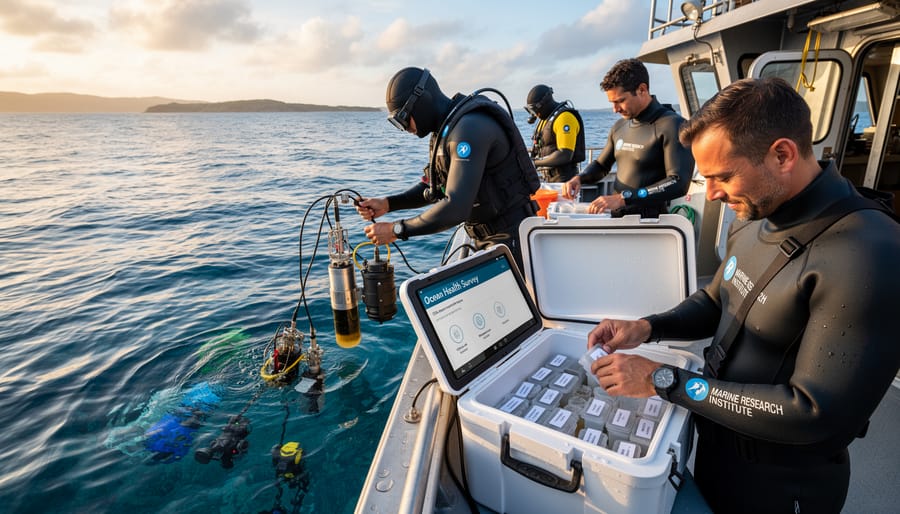 Marine biologist conducting field research at coastal tide pool with scientific equipment