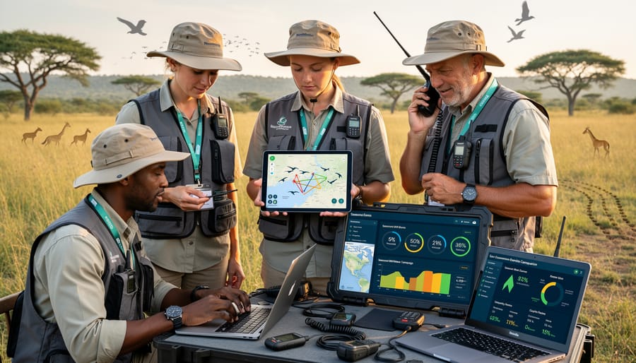Marine biologist using digital tablet while monitoring sea turtle nesting site on beach