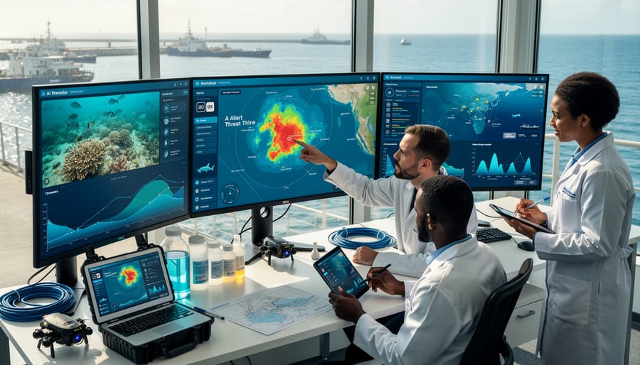 Marine biologist reviewing underwater monitoring data on laptop aboard research vessel