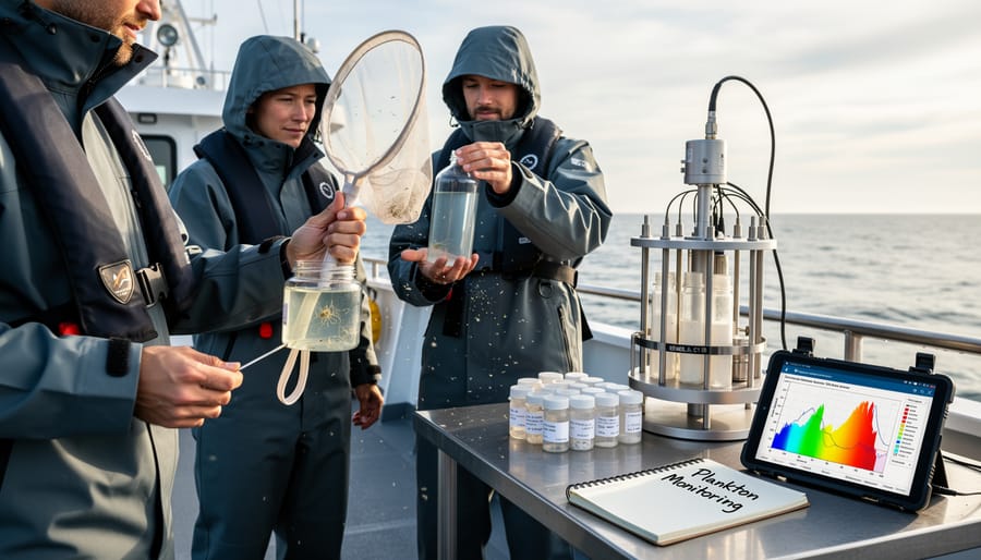 Marine biologist examining plankton samples on research vessel