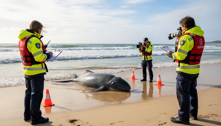 Marine animal responder maintaining safe distance from Hawaiian monk seal on beach