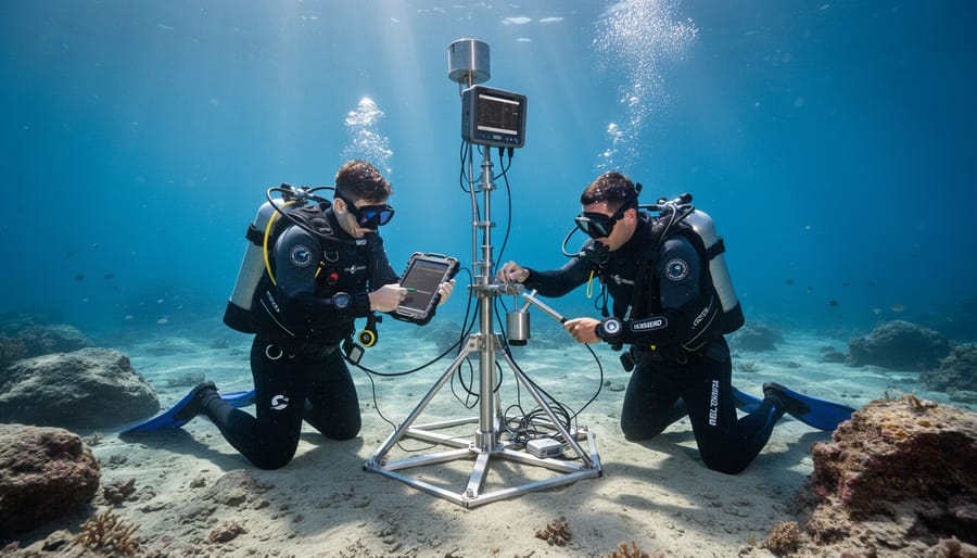 Marine scientist calibrating underwater monitoring equipment near coral reef