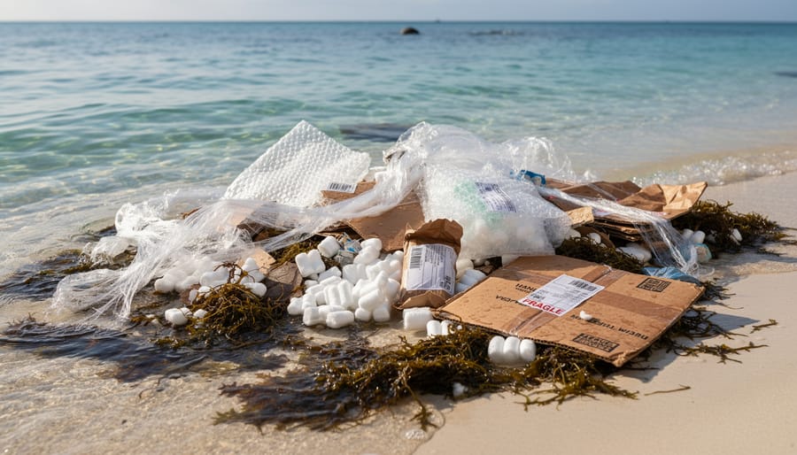 Plastic moving materials and packing waste scattered on beach near ocean