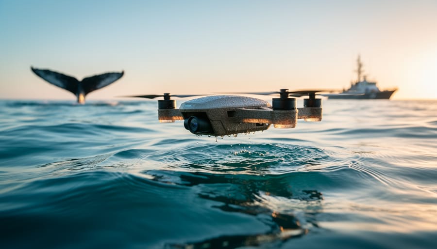 Biodegradable marine-surveillance drone flying just above a teal ocean at golden hour, with a blurred humpback whale fluke and a distant patrol boat on the horizon.