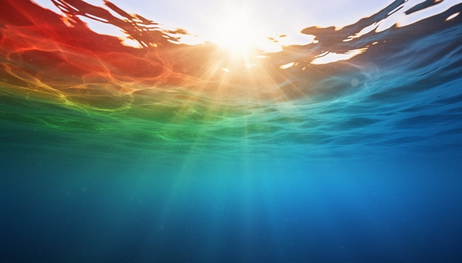 Underwater view of sunlight rays penetrating ocean water showing color transition from bright turquoise to deep blue