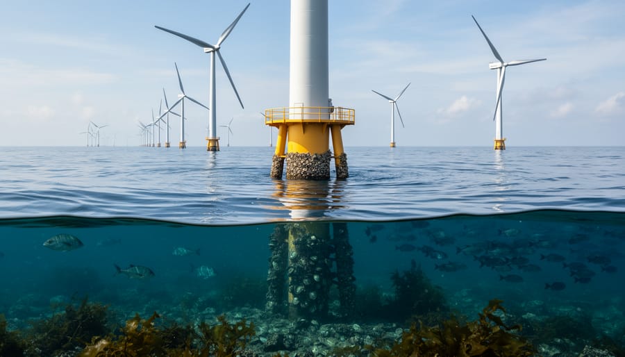 Multiple offshore wind turbines extending across ocean at sunset