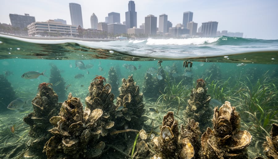 Close-up of oyster cluster on restored reef showing textured shells and marine growth