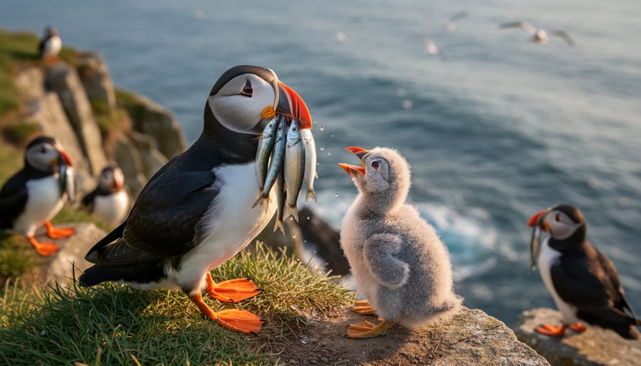 Atlantic puffin with small fish in its beak standing on coastal rocks