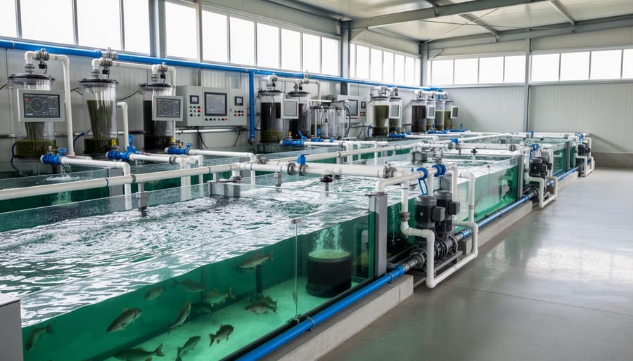 Interior of land-based recirculating aquaculture facility with circular tanks and filtration equipment