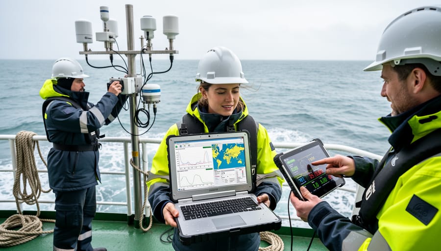 Research team reviewing monitoring data together on vessel deck