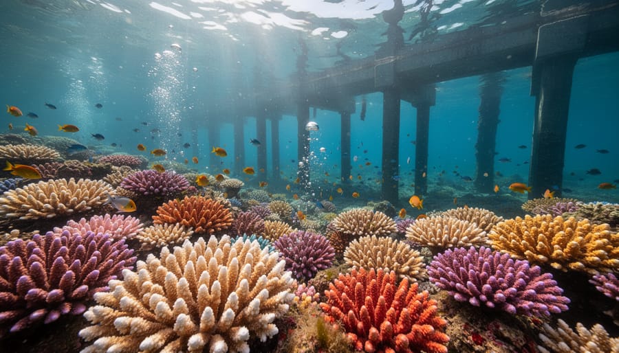 Healthy coral reef ecosystem with colorful corals and tropical fish in clear water