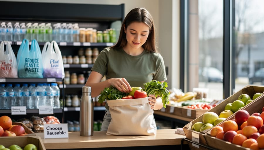 Hands holding reusable shopping bag with fresh produce and metal water bottle