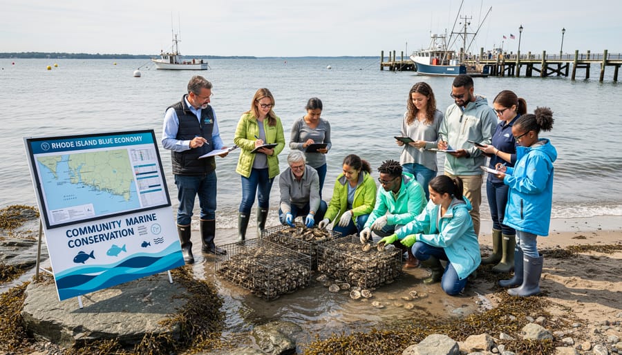 Diverse volunteers participating in coastal cleanup and marine education program in Rhode Island