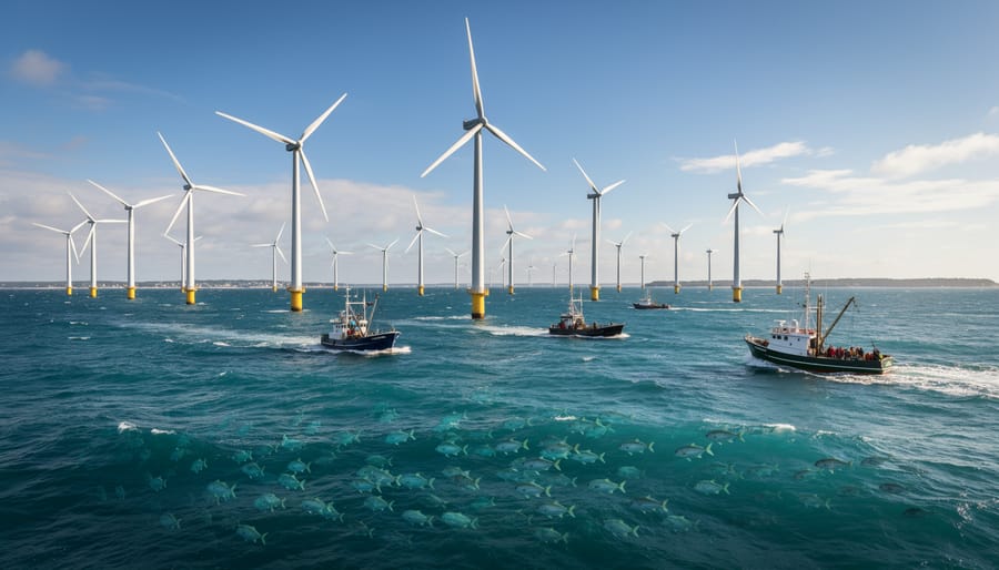 Aerial view of offshore wind turbines in Rhode Island waters with fishing vessels nearby