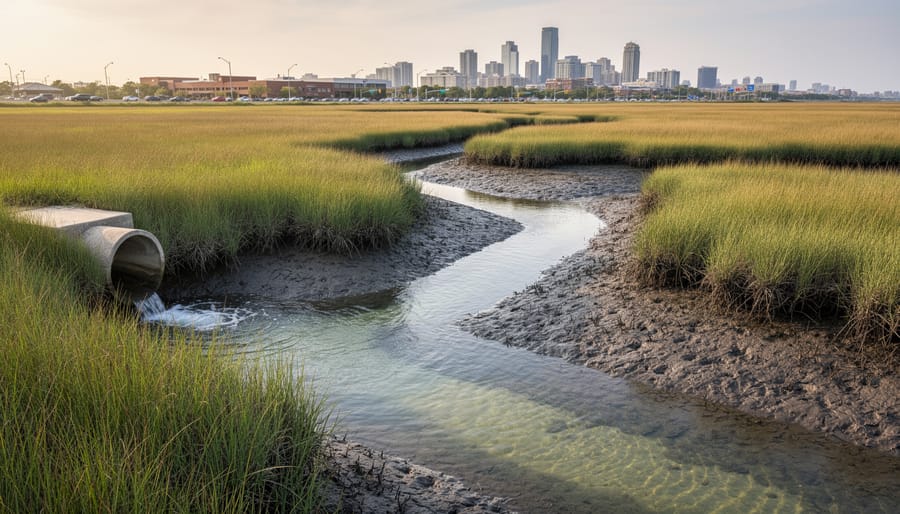 Aerial view of salt marsh ecosystem with tidal creek and diverse marsh grasses