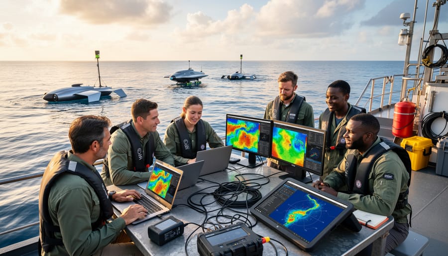 Marine scientist on boat reviewing data from autonomous monitoring systems