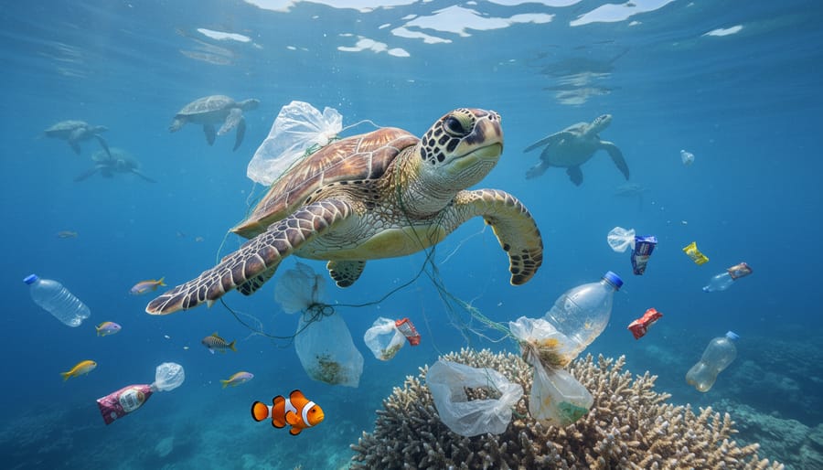 Sea turtle swimming among plastic waste in ocean waters