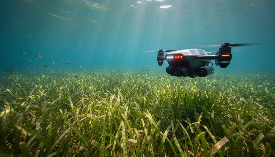 Aerial view of dense seagrass meadow through clear shallow ocean water