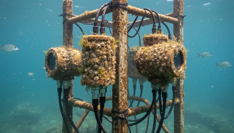 Comparison of clean and biofouled marine monitoring sensors showing barnacle and algae growth