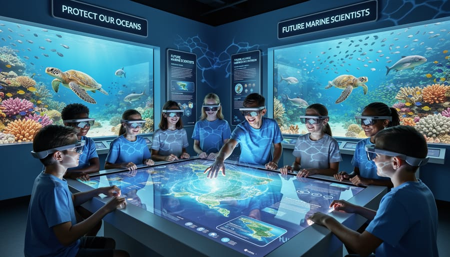 Diverse group of students engaged with digital marine content on tablet in classroom