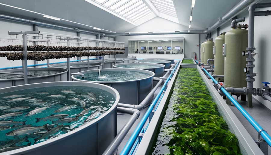 Interior of a modern land-based recirculating aquaculture facility with circular fish tanks, adjacent seaweed raceways, and suspended mussel lines under soft skylight, with additional tanks and a glassed control room in the background