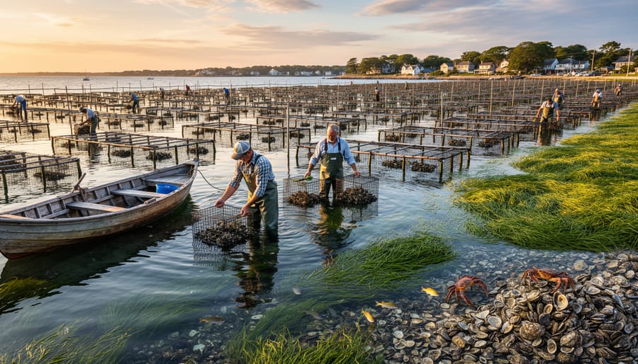 Oyster farmer inspecting healthy oysters in aquaculture cage with bay waters in background