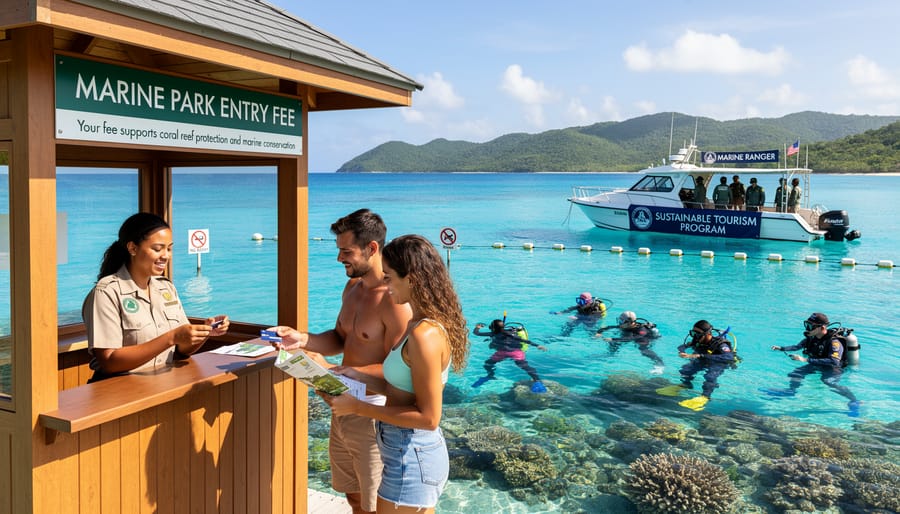 Tourists preparing for snorkeling activity at marine protected area dock