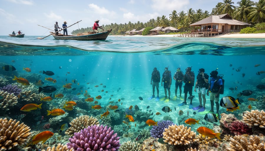 Diverse tropical fish and sea turtle swimming through vibrant healthy coral reef underwater